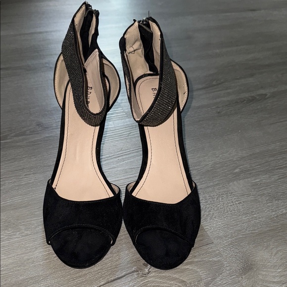 Bamboo Black Suede Rhinestone Ankle Heels 9 RARE - Picture 1 of 5